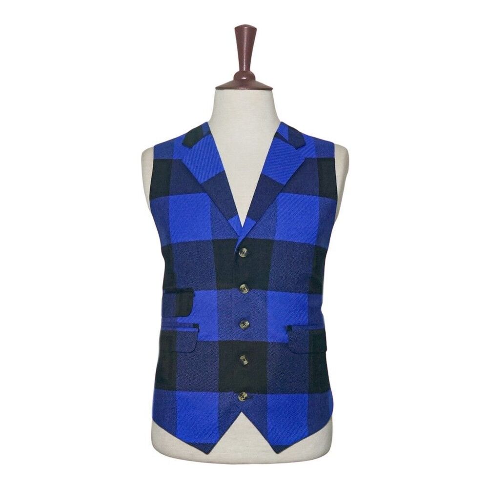 Mens 46R Wool Blue Black Buffalo Check Plaid Vest Waistcoat Wedding Party Formal